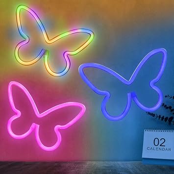 BRIGHTDECK 3 Pcs Butterfly Neon Signs, Neon Light for Bedroom, USB or 3-AA Battery Powered LED Neon Signs Wall Decor, Neon Lights for Birthday Gift, Wedding, Party, Home Decor Pink, Blue, Colourful