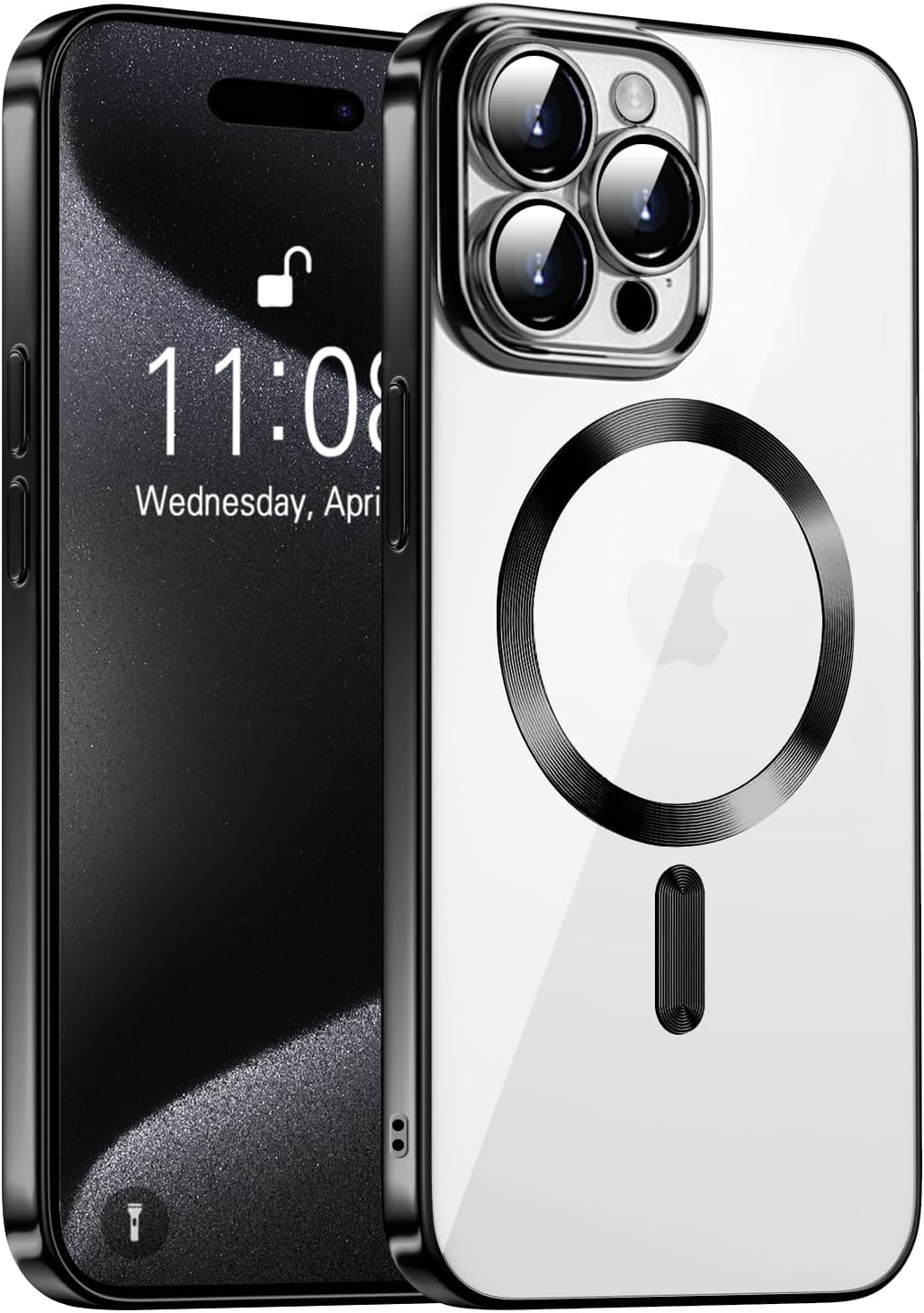 E Choice Magnetic Case for iPhone 15 Pro Max with Camera Lens Protector, Full Body Protective Slim Thin Transparent Phone Case Cover for iPhone 15 Pro Max 6.7 Inch (Black)