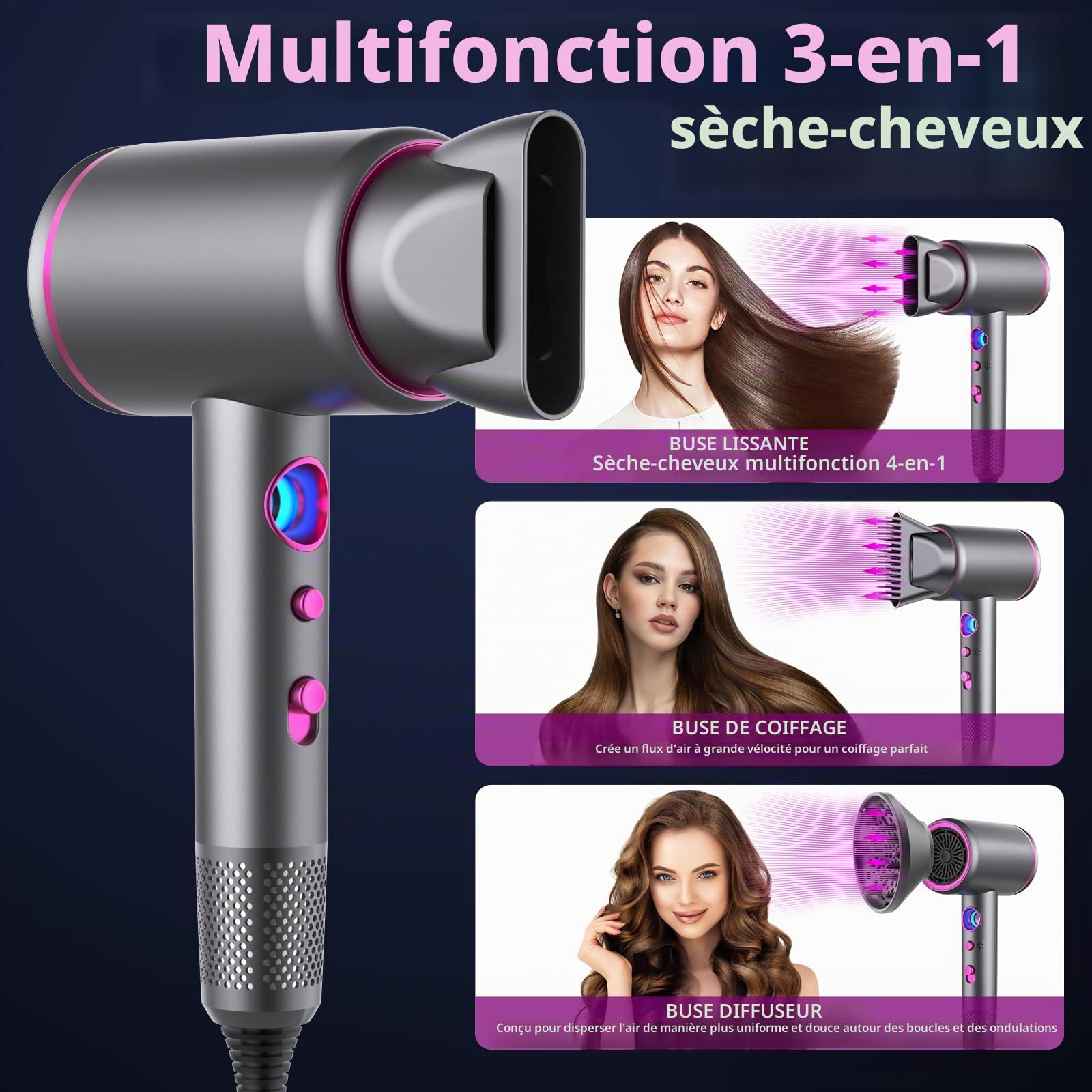 Anluomania Sèche-Cheveux Ionique, 2400W Seche Cheveux Professionnel, Sèche-cheveux Voyage, Hair Dryer Puissant 3 Températures/ 3 Vitesses, seche Cheveux Boucle, Seche Cheveux Silencieux Con 3 annexe
