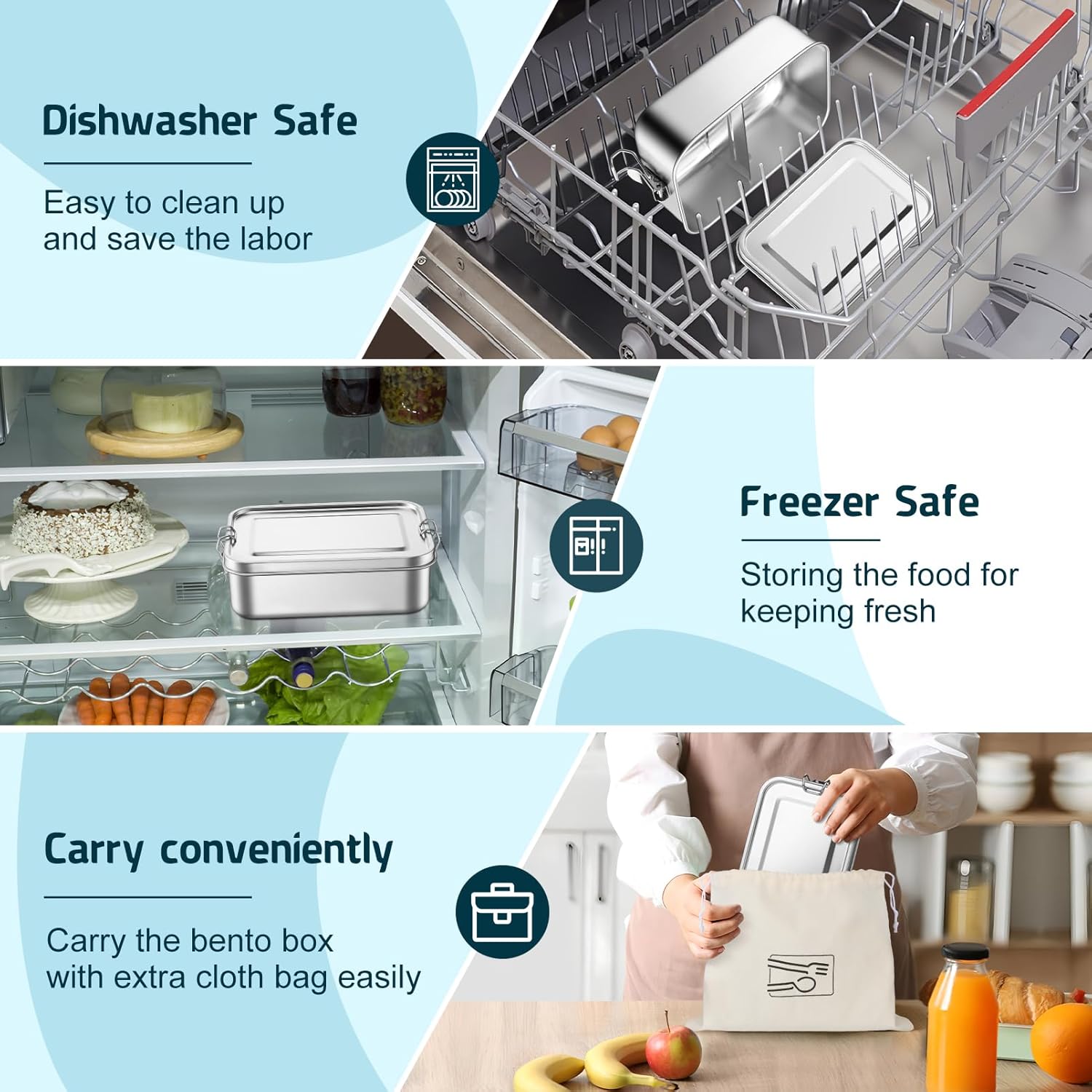 TeamFar Stainless Steel Bento Box, 47oz/1400ML Large Metal Bento Lunch Box Container for Adults/Kids, for Home/School/Office/Travel, With 2 Removable Dividers, Leak-Proof & Dishwasher Safe - Image 6