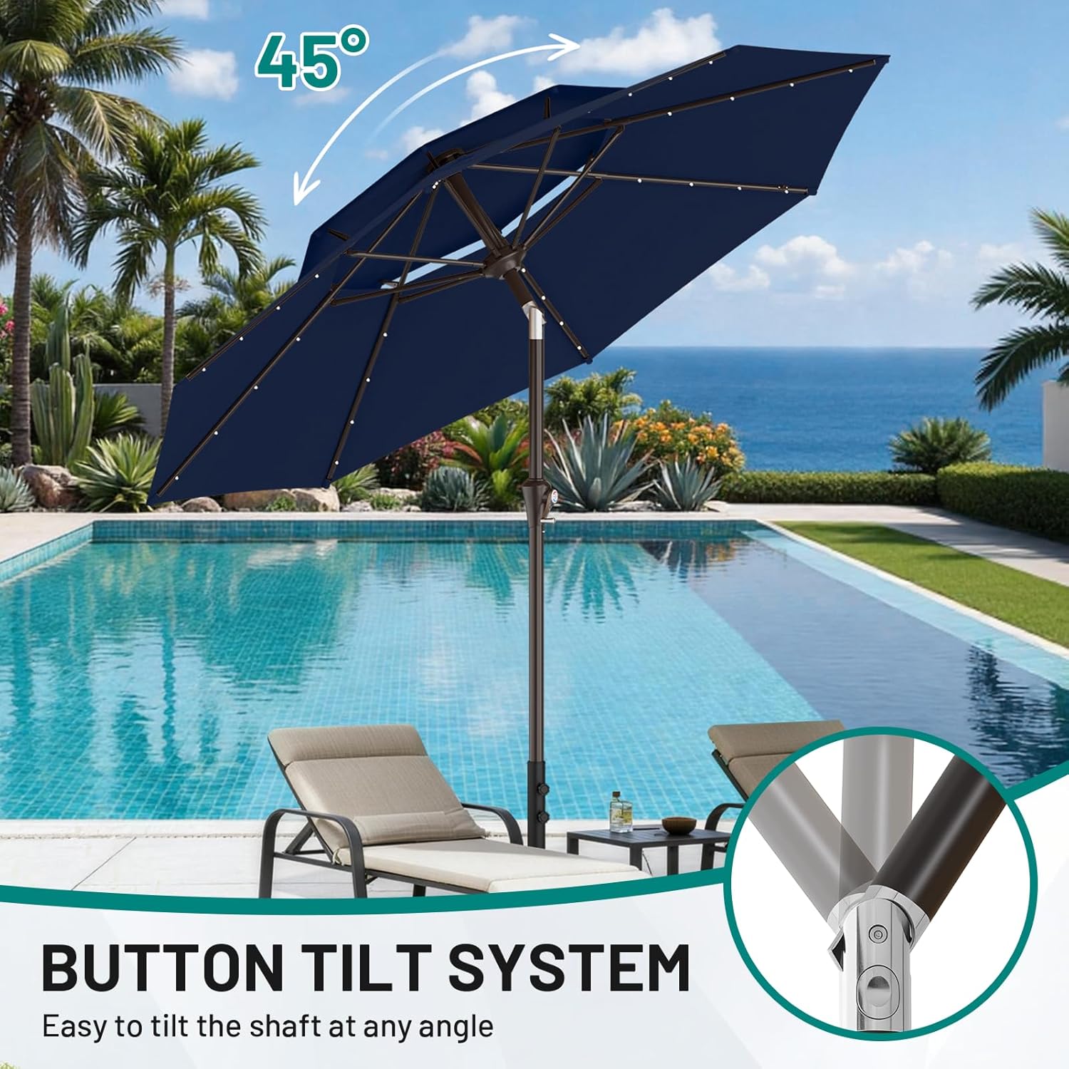 AreShark 9ft 2 Tiers Patio Umbrella with Solar Lights, Outdoor Umbrella w/ 32 LED Lights&8 Sturdy Ribs, Table Umbrella for Deck, Backyard, Pool(Navy)