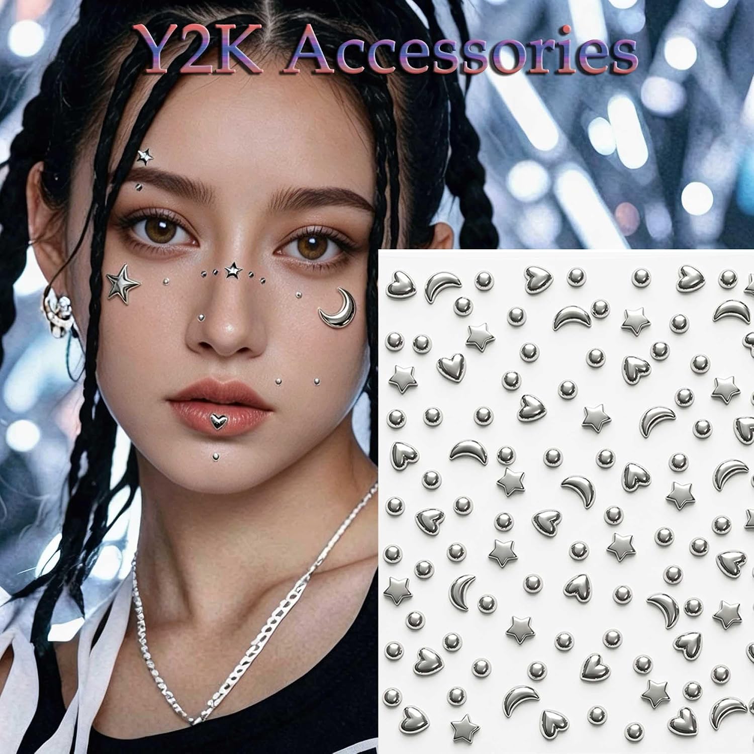 MODRSA Mix Fake Piercings Balls Star Heart Stick on Face Jewelry Temporary Fake Nose Stud Hoop Eyebrow Lip Medusa Labret Ear Stud Silver Self Adhesive Non Piercing for Halloween Y2K Hip Hop Accessory