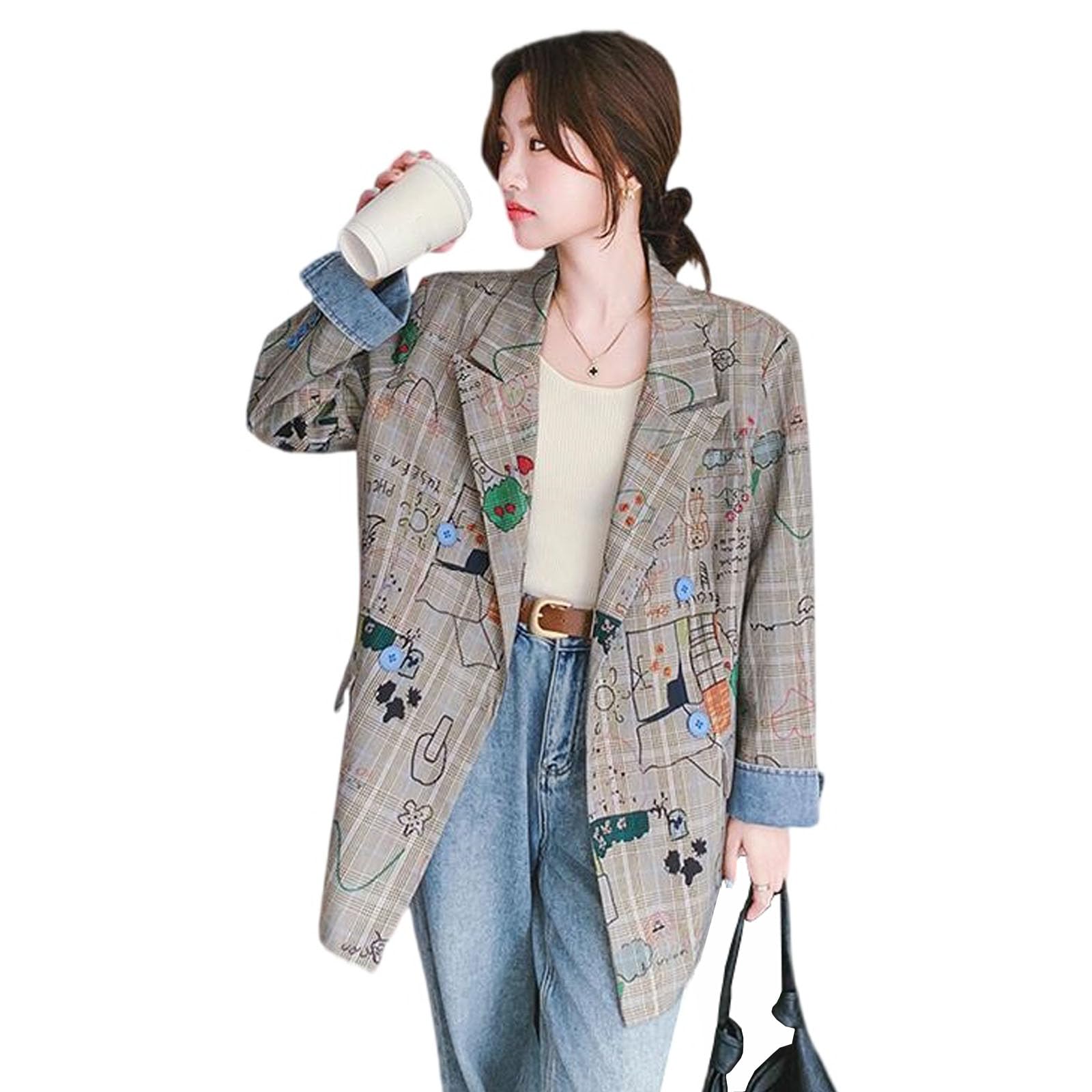 Womens casual long sleeved graffiti sports jacket Womens Korean checkered printed suit jacket