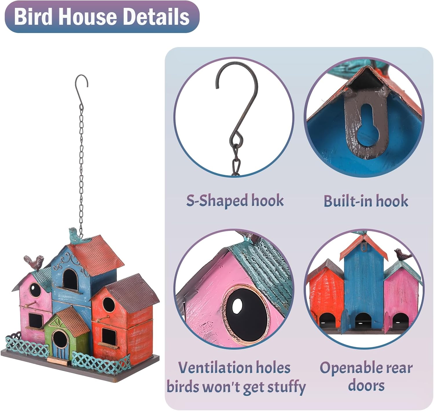 Metal Bird Houses for Outside Hanging, Large Bird Houses for Outdoors with 4 Compartments for Birds to Nest in, Colorful Birdhouse with Easy Clean Back Doors, Escape Holes & Ventilation