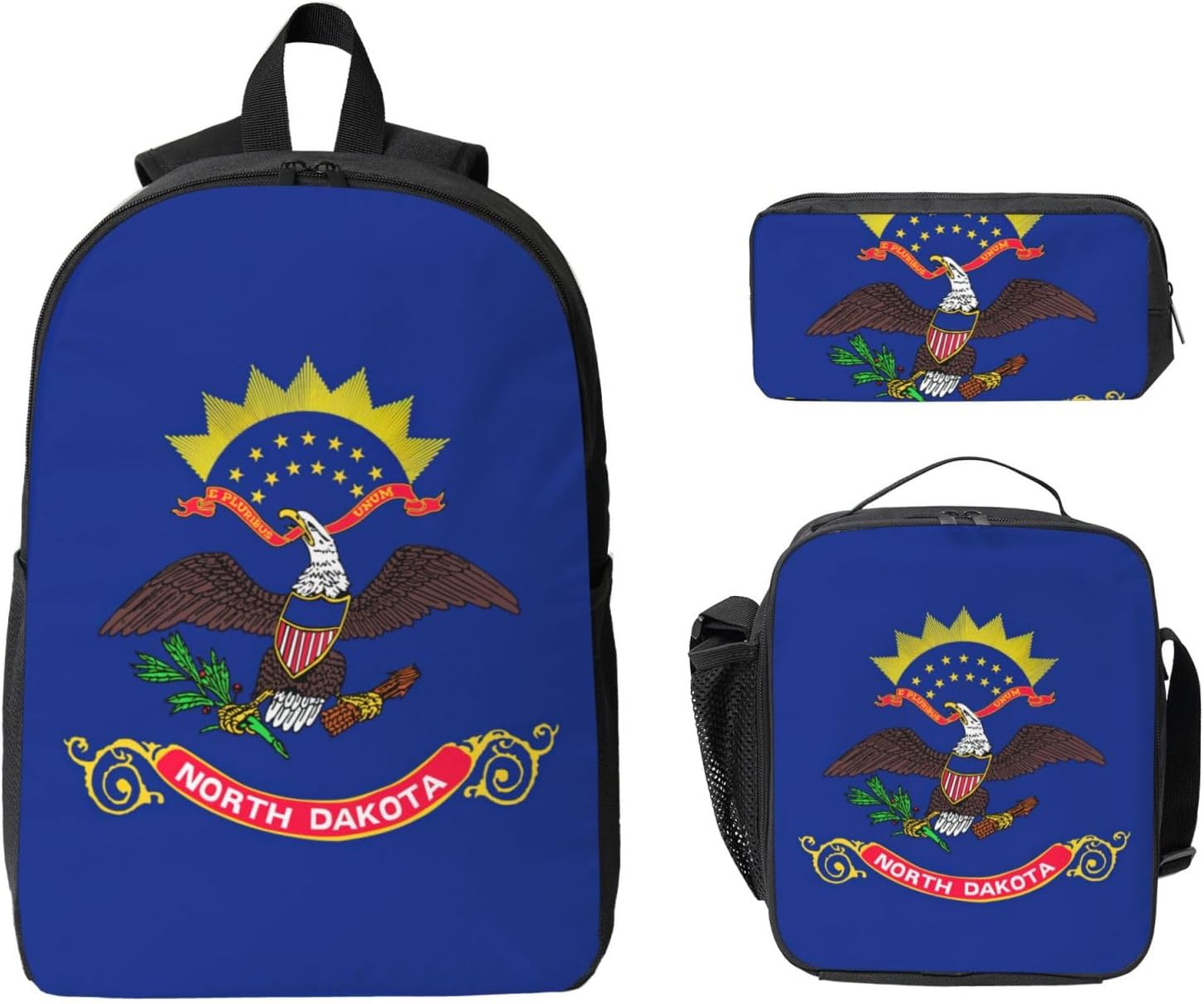 North Dakota State Flag print 3 Piece Backpack Bags with Lunch Box Pencil Case Set for Travel Work Camping Unisex