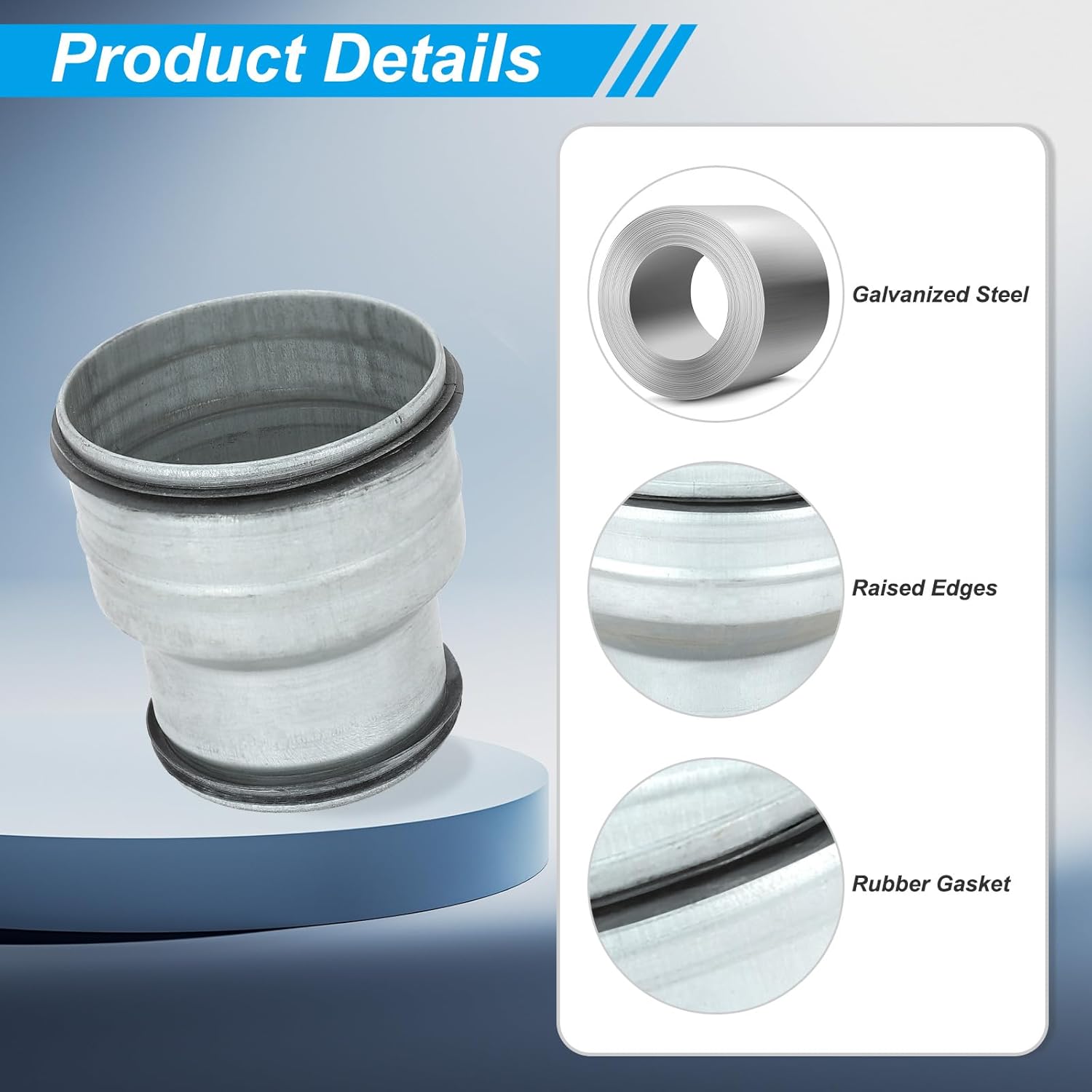 PATIKIL 4 Inch to 3 Inch Duct Reducer, Galvanized Steel Round Air Duct Reducer Pipe Increaser Adapter Connector Fitting Coupling with Rubber Gasket for HVAC, Ventilation Systems