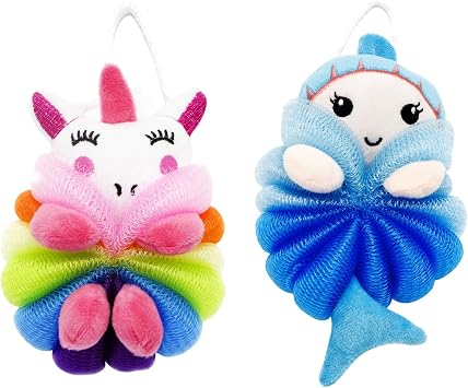 Bath Loofahs,Ttdesefu Kids Toddler Body Sponge Cute Cartoon Kids Loofah,Bath Sponge Shower Puff Soft Loofah Sponge Pouf Exfoliating Mesh Shower Ball Animal,2 Pcs