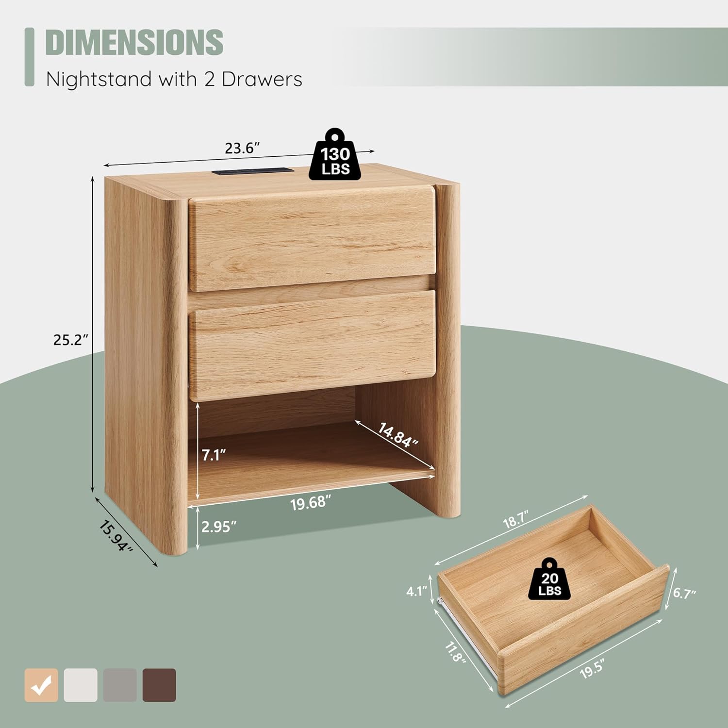 25" Tall Modern Nightstand with Charging Station, 23.6" W Nightstand with 2 Storage Drawers & Open Shelf, Wood Night Stand w/Rounded Corner Design for Bedroom (Natural) - Image 2