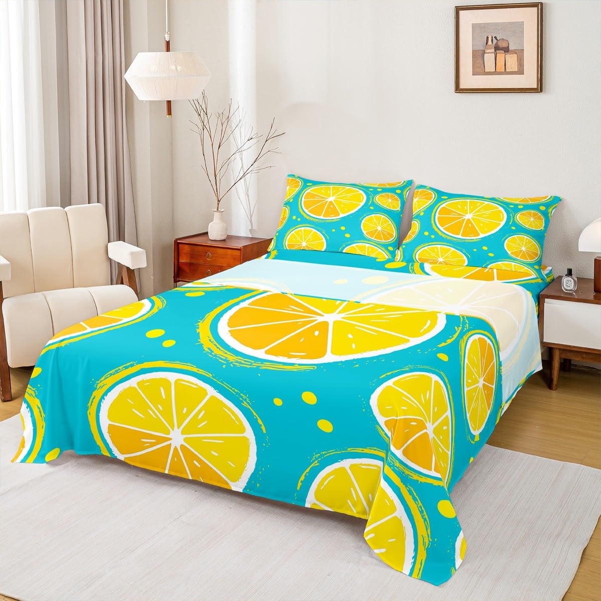 Manfei Cartoon Lemons Kids Sheet Twin Size Tropical Fruits Summer Bedding Set Girls Boys Adults Room Decor Hand-Painted