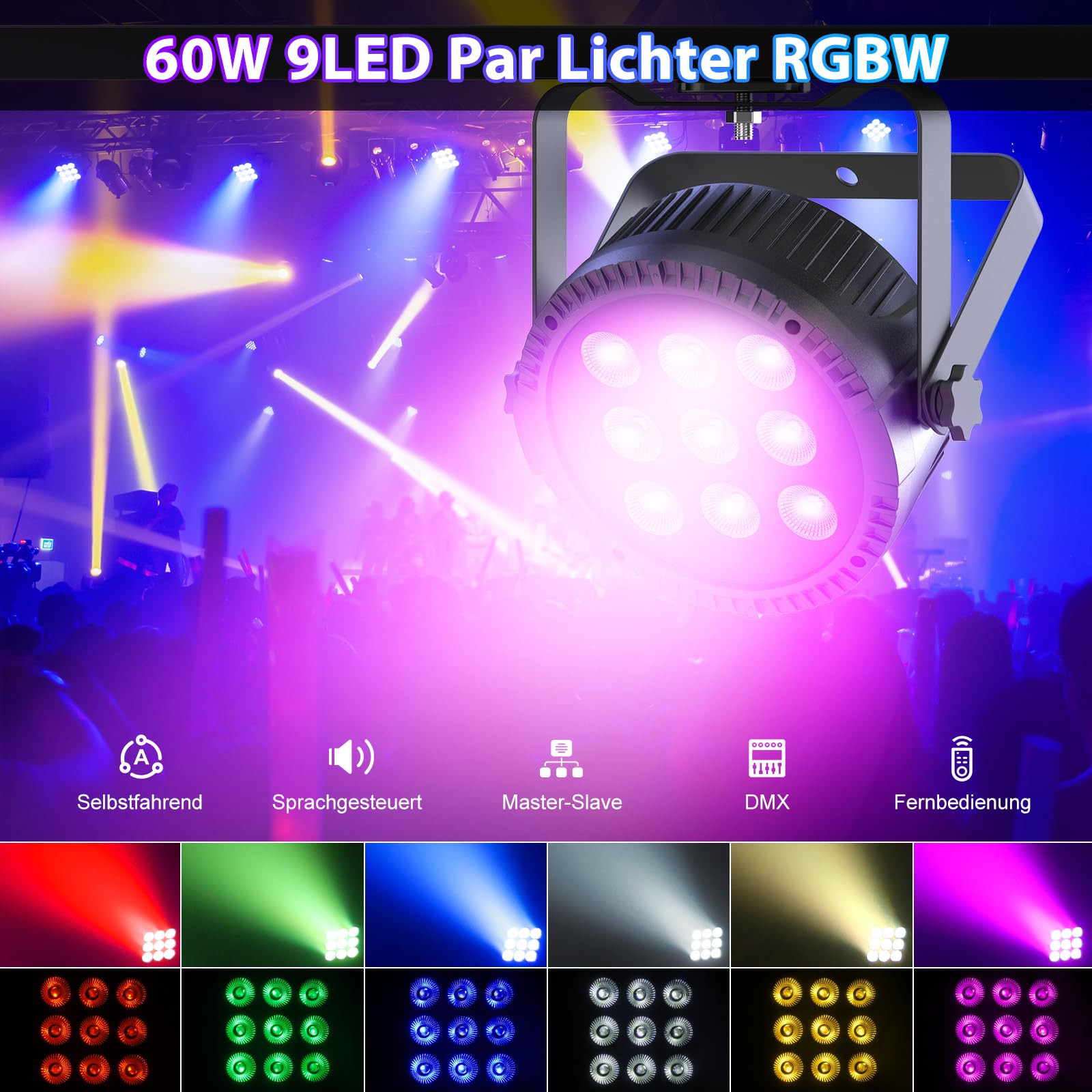 4PCS Starlitflow 60W LED Par Projecteur,9 x 6W RGBW LED Éclairage De Scène Avec DMX512,Projecteur Par Avec Télécommande Pour DJ Décoration De Fête Mariage Club Halloween Noël
