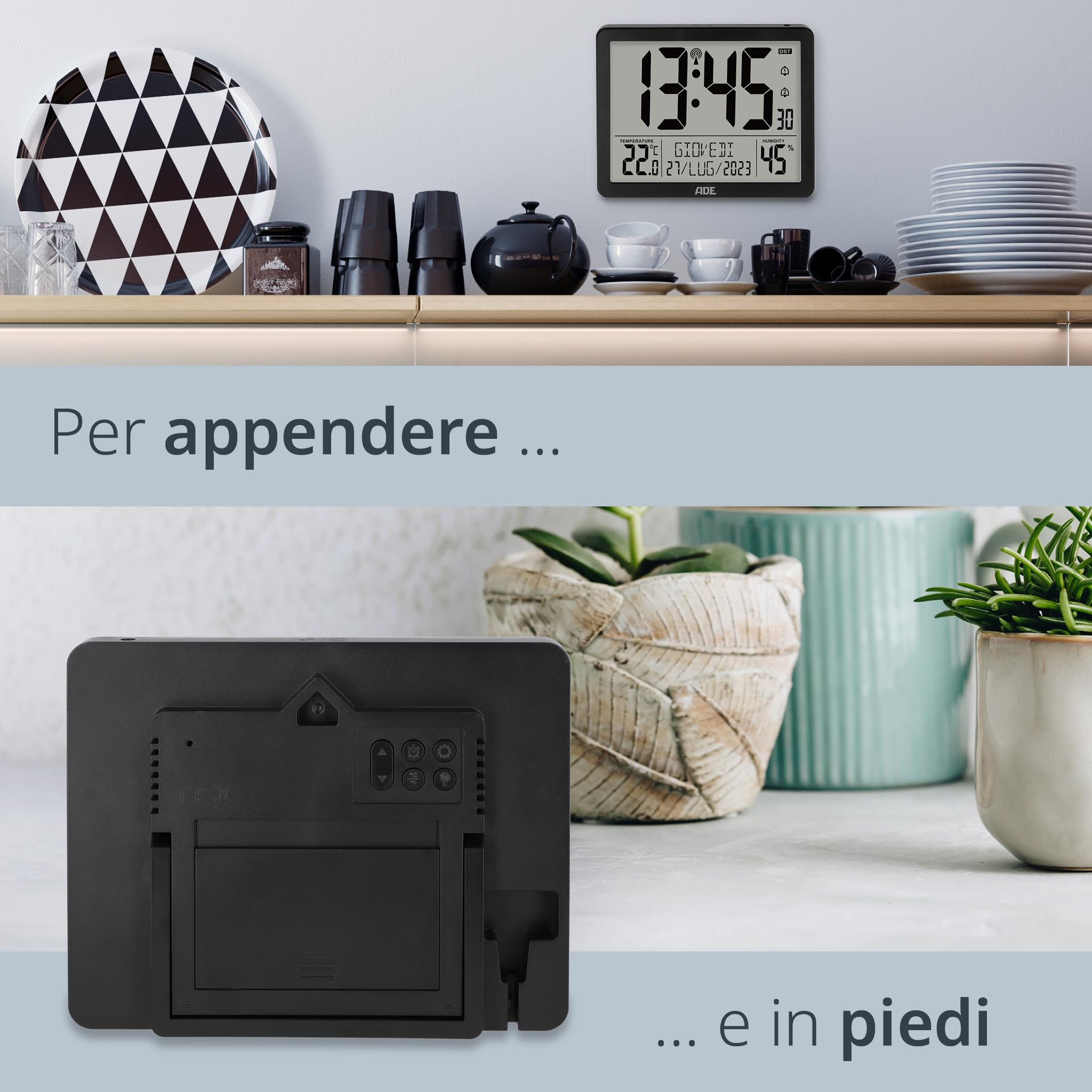 ADE Orologio digitale radiocontrollato con cifre molto grandi | Orologio da tavolo o parete con 2 orari di sveglia e illuminazione | Termometro Igrometro | Cornice stretta in nero opaco