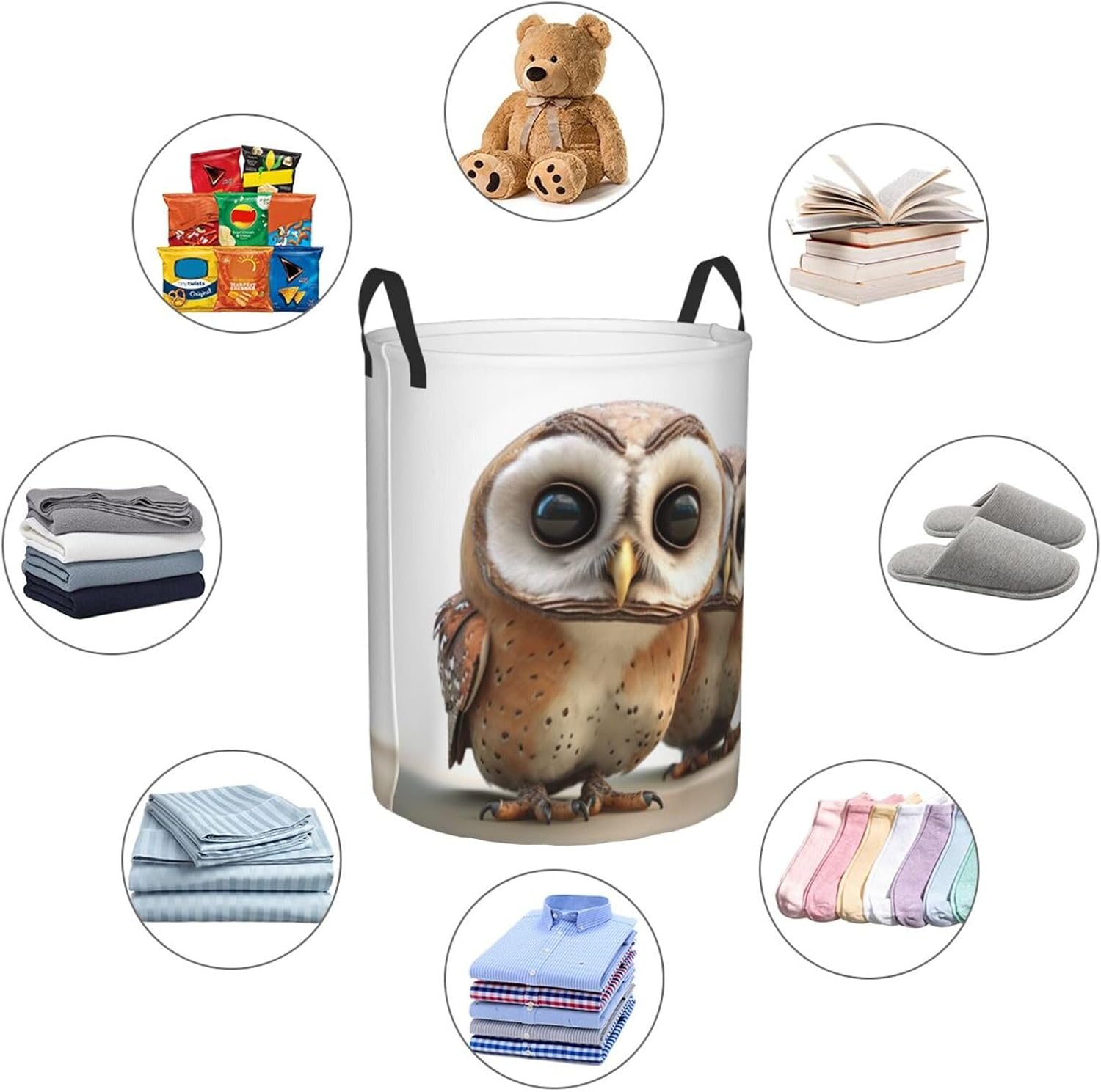 Funny Owl print Laundry Basket Circular Hamper Waterproof Bathroom Hamper Storage Bin Organizer Basket Laundry Hamper with Handles for Clothes Toys Medium