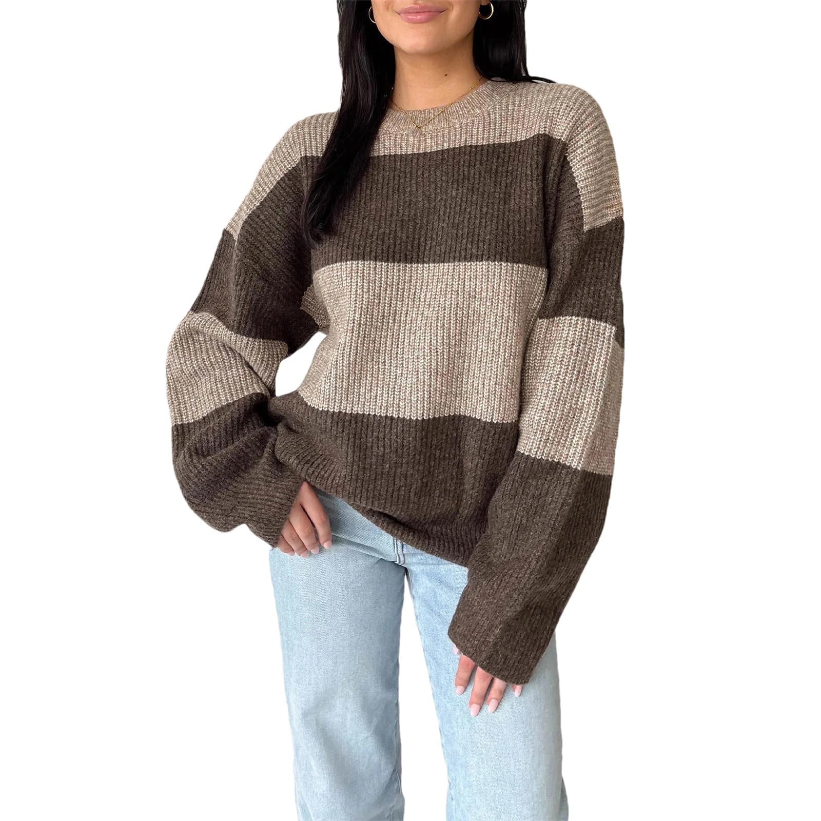 Damski sweter w jednolitym kolorze zimowy luźny długi rękaw modny dzianinowy S oversize sweter z prążkowanym okrągłym dekoltem