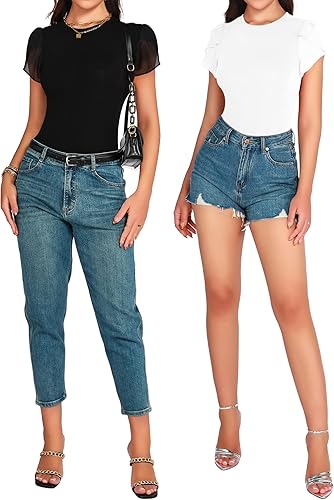 Vista 4 de MANGOPOP Short Sleeve Bodysuit for Women Round Neck Womens Tops Blouses Tops for Going Out