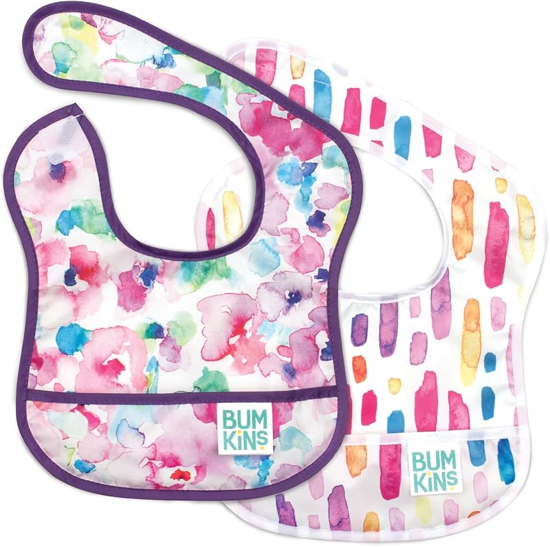 Bibs, for Baby Girl or Boy, Infant 3-9 Months, Essential Must Have for Eating, Feeding, Baby Led Weaning, Mess Saving Waterproof Soft Fabric, Starter Bib 2-pk Watercolors and Brushstrokes