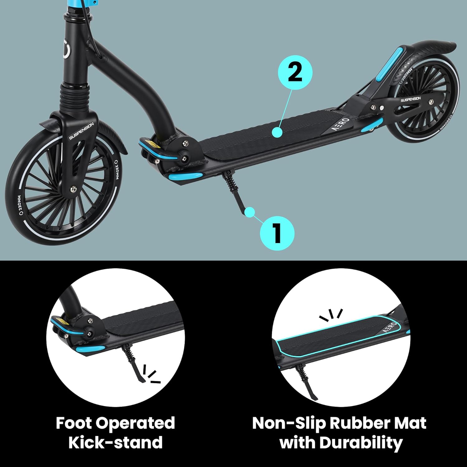 AERO MOBILITY Kick Scooter for Kids 6+, Teens & Adults | Light Up Wheels, Hand Brake, Rubber Deck Mat & Shock Absorption | Foldable & Height Adjustable