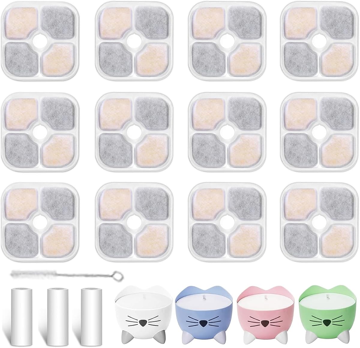 Pet Water Fountain Filters Compatible with Catit PIXI Cat Drinking Fountain | 12 Pack Pet Fountain Replacement Filters + 3 Hydrated Pump Tube and 1 Hard Brush|Solve the Problem of Water Flow Blockage