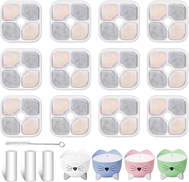 Pet Water Fountain Filters Compatible with Catit PIXI Cat Drinking Fountain | 12 Pack Pet Fountain Replacement Filters + 3 Hydrated Pump Tube and 1 Hard Brush|Solve the Problem of Water Flow Blockage