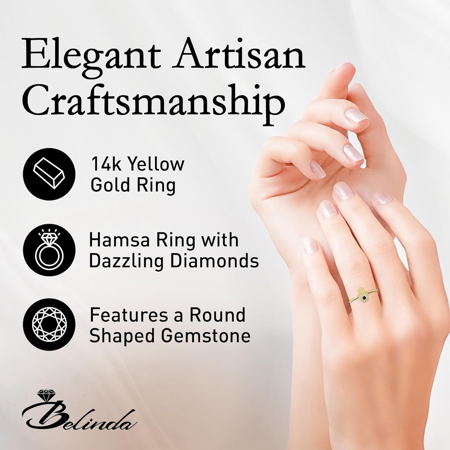 14k Gold Rings for Women with Natural 1.8mm Blue Sapphire September Birthstone and Round White 0.8mm Diamonds, Women's Statement Rings, Yellow Gold, Hamsa Ring