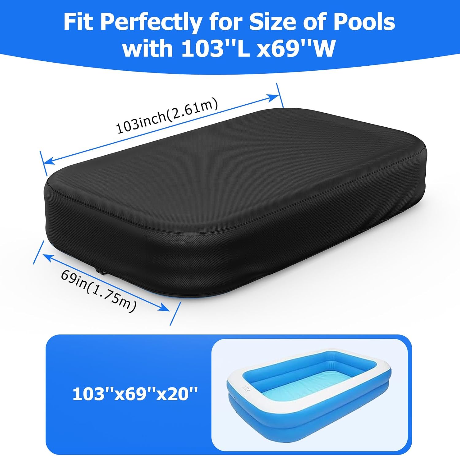 Rectangular Pool Cover for Inflatable Pool, Fits Blow Up Pool Size 103" L x 69" W, Built-in Elastic Band and Extra Buckle to Prevent Slipping, Rectangle Above Ground Swimming Pool Cover