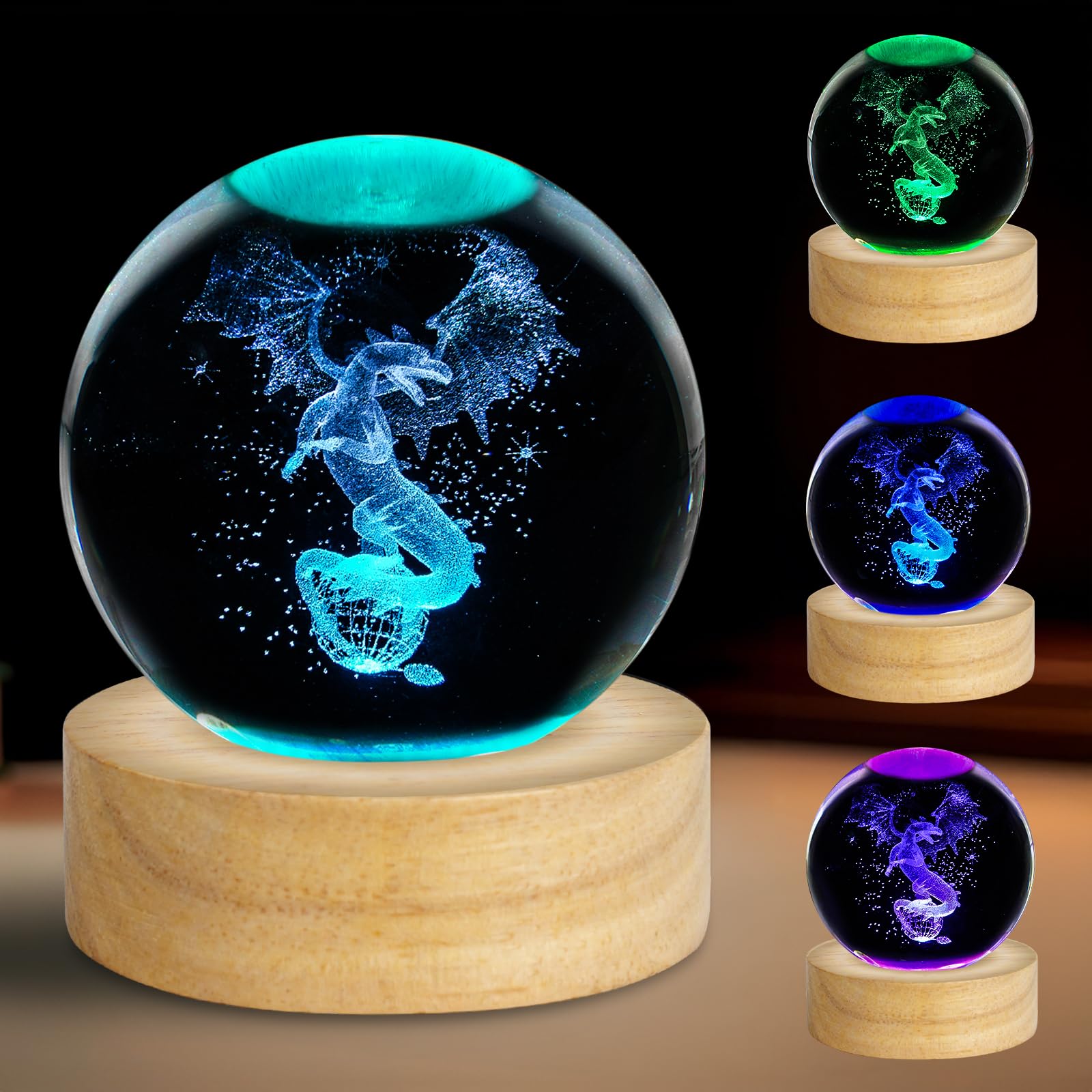 Vuebkkry 3D Dragon Crystal Ball Night Light with 16 Colors, Cool 60mm Dragon Statue Figurines Glass Decor Lamp for Christmas Birthday with Wooden Base