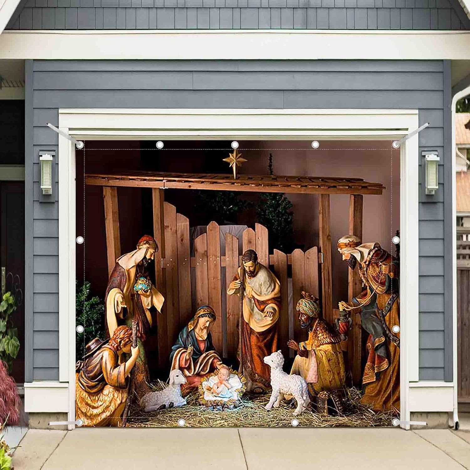 1PC 16x7ft Birth of Jesus Garage Door Banner Decorations Holy Nativity Christmas Manger Scene Photography Backdrop Home Outdoor Wall Cover Xmas Party Supplies