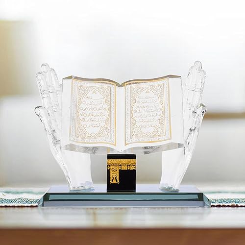 Miniatura 9 de Adorno de cristal musulmán, Kaaba dorado de mano sosteniendo libro, modelo de cristal musulmán, figuras coleccionables, construcción islámica