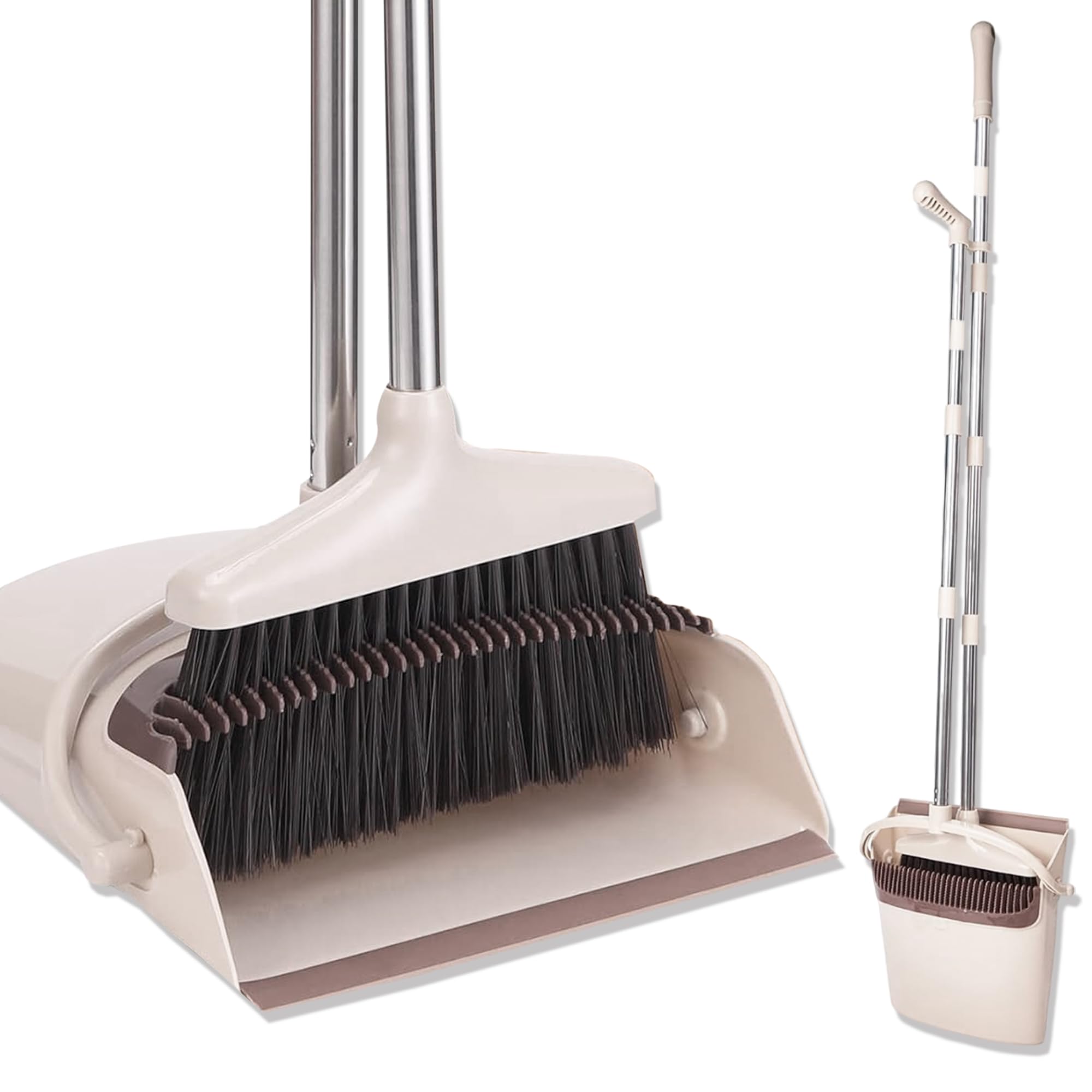 JUPPLIES Escoba y Recogedor Plegable Mango Largo, Juego Barredora Vertical Recogedor Interior para Barrido Casa Beige