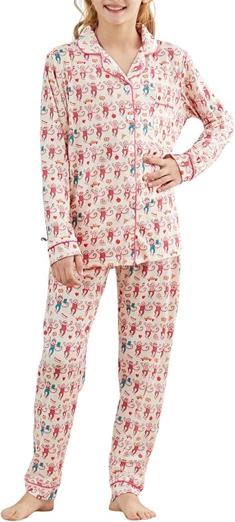 Girls Y2k Monkey Pajamas Set Toddler Button Down Loungewear PJs for Jammies Party Christmas Thanksgiving Gift