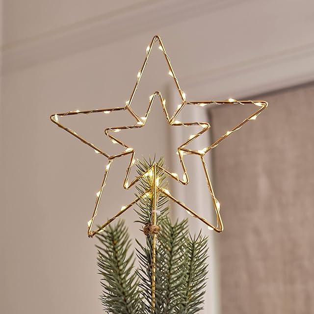 Lights4fun Gold Star Tree Topper Christmas Decoration Warm White LED Battery Timer (D) 20cm Indoor Use
