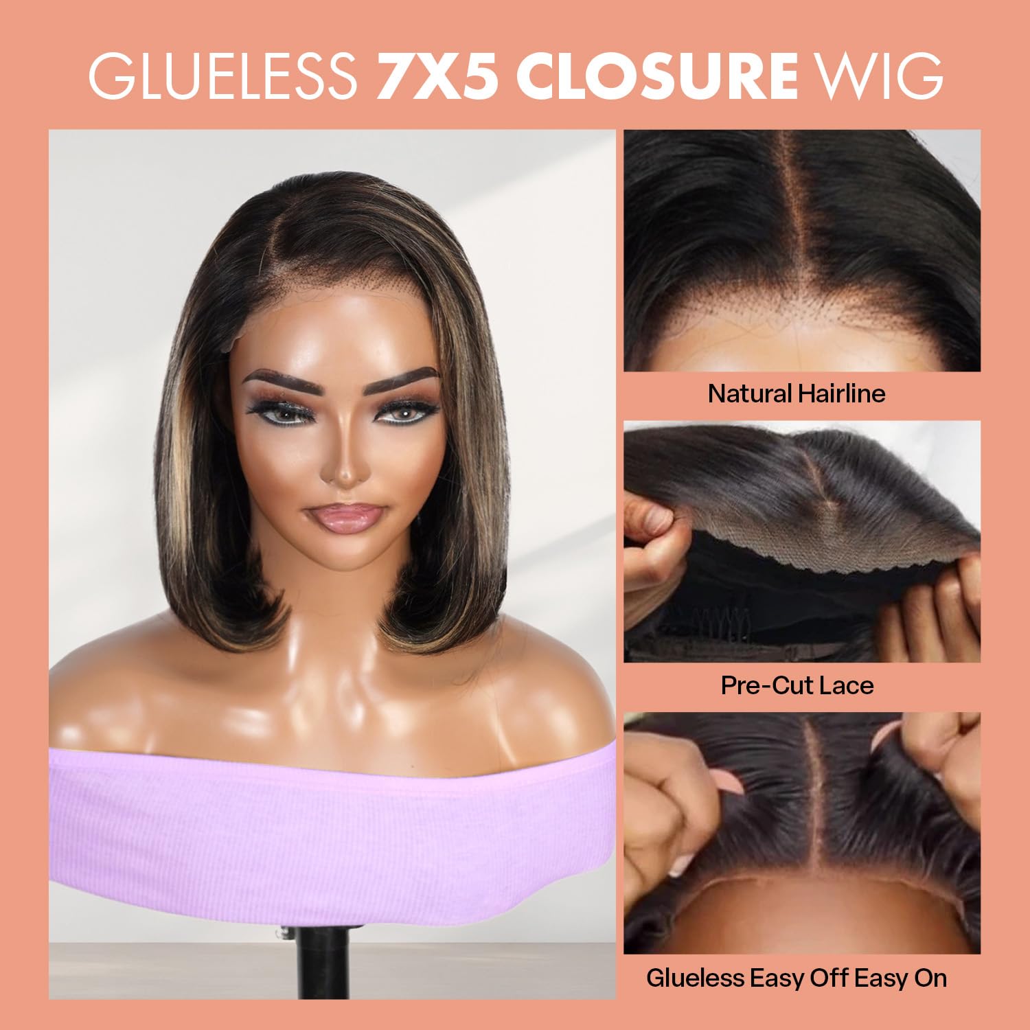 GLAM21USA 100% Human Hair Straight Bob Wig, 12 Inch, Balayage Highlight, Glueless 7x5 Closure, Pre Cut & Pre Plucked, Virgin Brazilian Hair