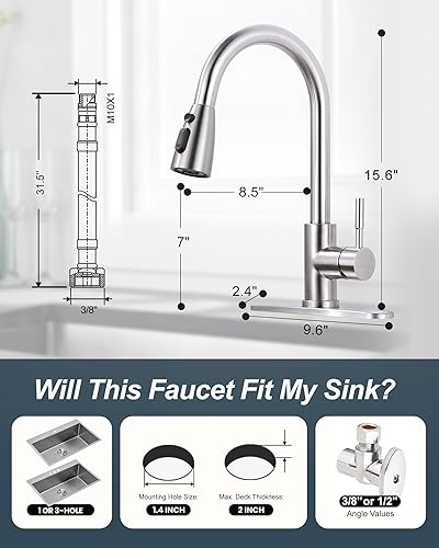 Vista 155 de WOWOW - Grifo de cocina cromado con rociador, grifo de fregadero de cocina extraíble de acero inoxidable con placa de cubierta, grifo de cocina