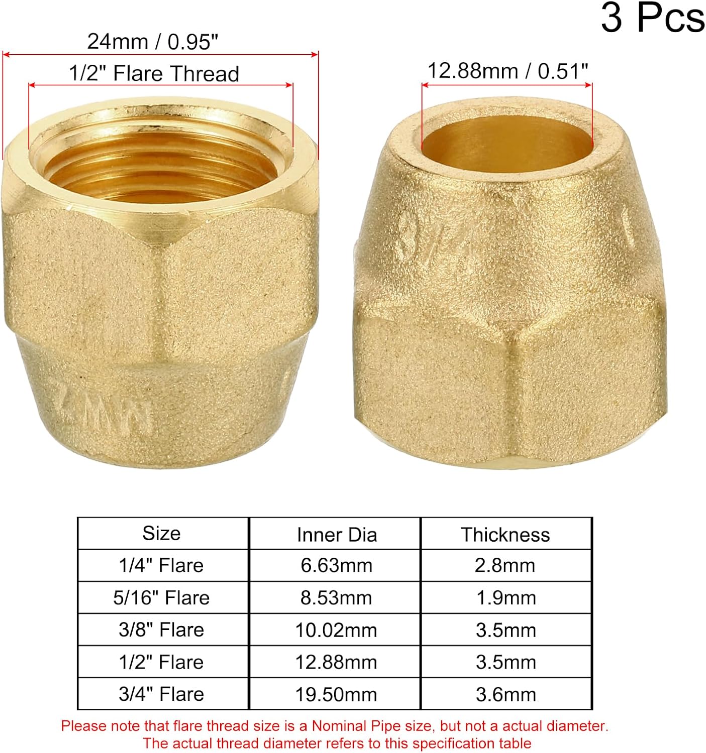 MECCANIXITY Brass Flare Nut, 1/2" Flare Female Flared Tube Fitting Nut Connector Adapter for HVAC Air Conditioner, Pack of 3
