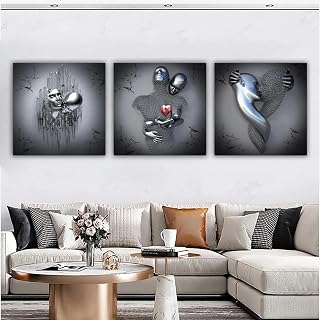3PCS Love Heart 3D Effect Wall Art, Abstract Metal Figure Sculpture Canvas Painting Hanging with Wooden Frame, HD Printing Core, Home Style Decor(50 * 50CM)