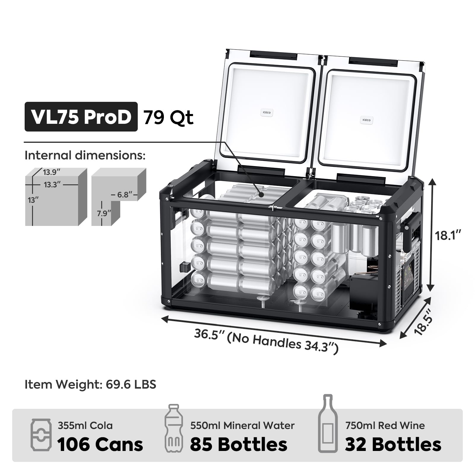 ICECO VL75 ProD 12 Volt Fridge Powered by SECOP, Dual Zone Portable Refrigerator, Multi-directional Lid, 75 Liters, Dual USB & DC 12/24V, AC 110-240V, 0?-50?, Car, RV, Travel, With Upgraded DC Cable