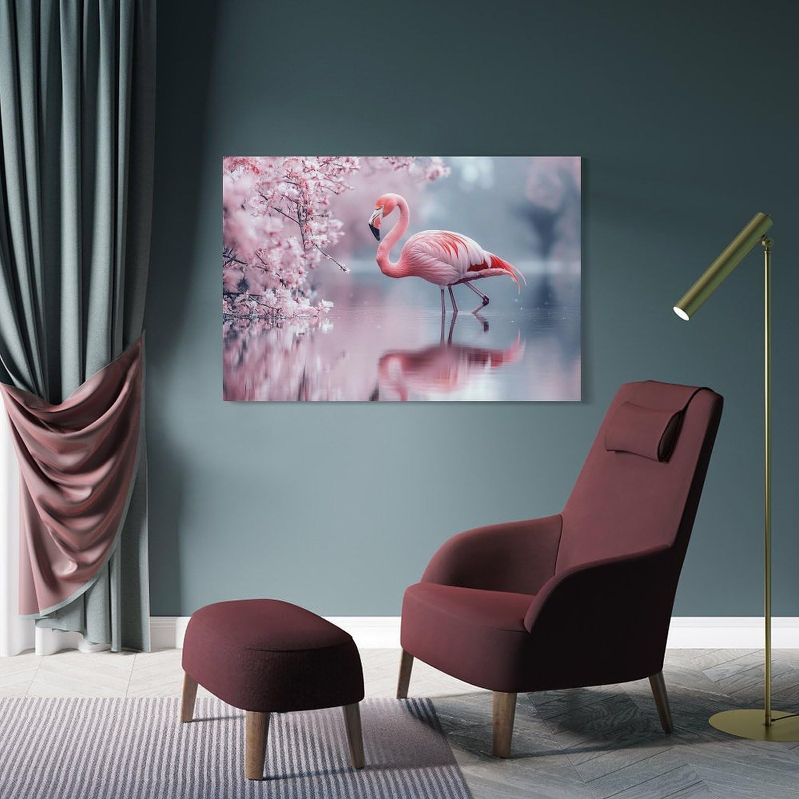 Junmoney Hanging Wall Art Flamingo in Water with Cherry Blossoms, 24x36inch(60x90cm), for Sofa Walls, Lounge Or Home Corners, Canvas Styling for A Polished Room Look