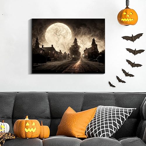 Miniatura 64 de Denozer Lienzo decorativo para pared de Halloween, castillo de terror de 32 x 24 pulgadas, decoración de pared de luna, decoración de otoño de Obra