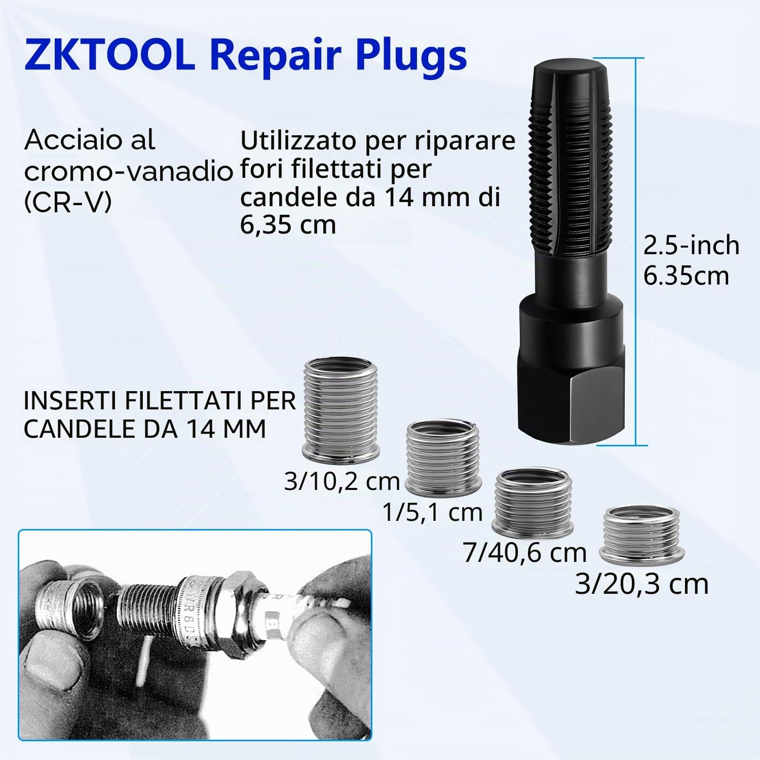 ZKTOOL M14 x 1.25 Kit di Riparazione per Filetti Helicoil Candele, Strumento Filo per Rethread per Testa Cilindro, 14mm Filettatura del Cilindro dell'alesatore e Inserto Filettato