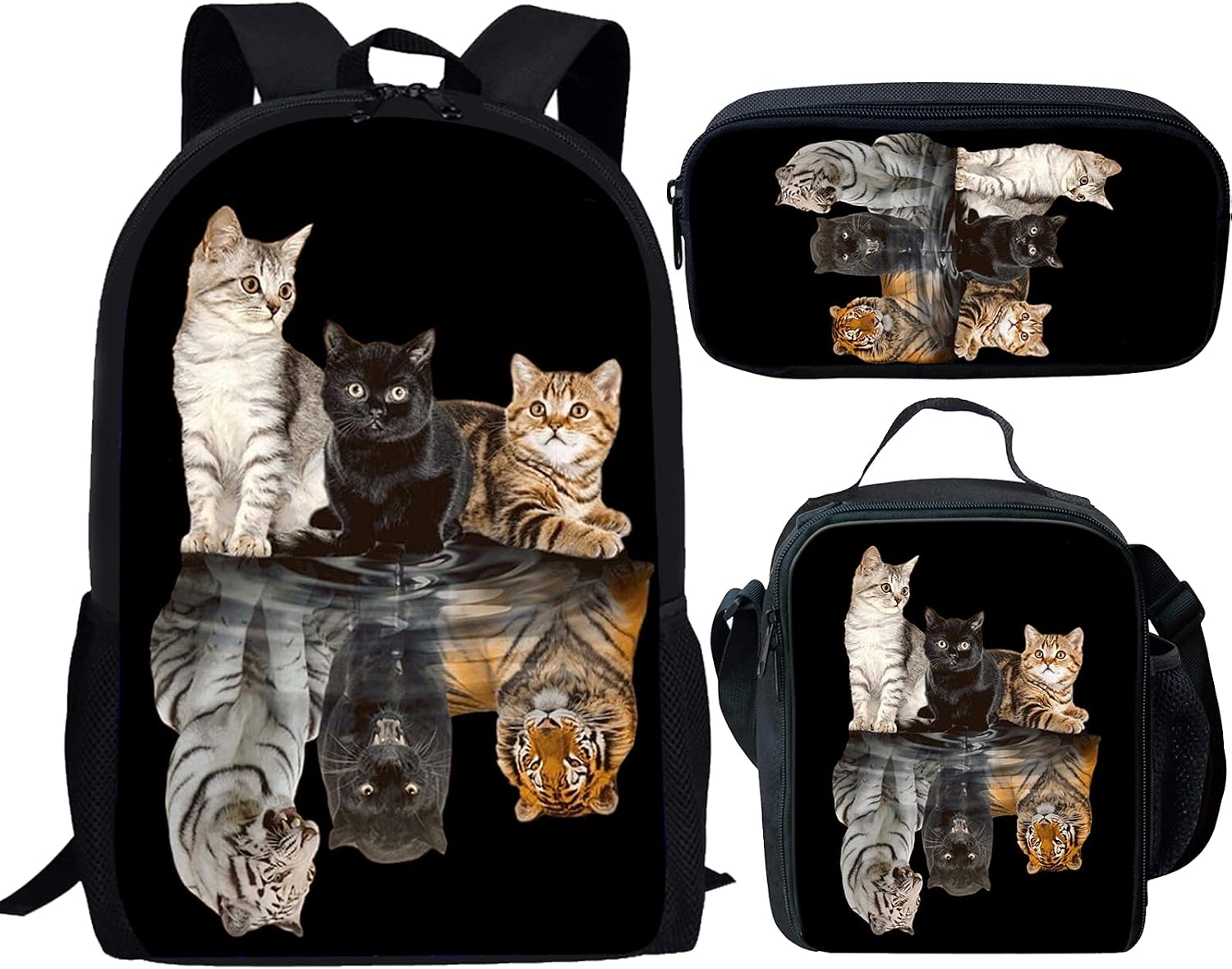 Showudesigns Cat Childrens Backpacks School Bag and Lunch Bag Travel Backbag with Pen Bags Casual Trip Day Bag Kitten Reflect Tiger