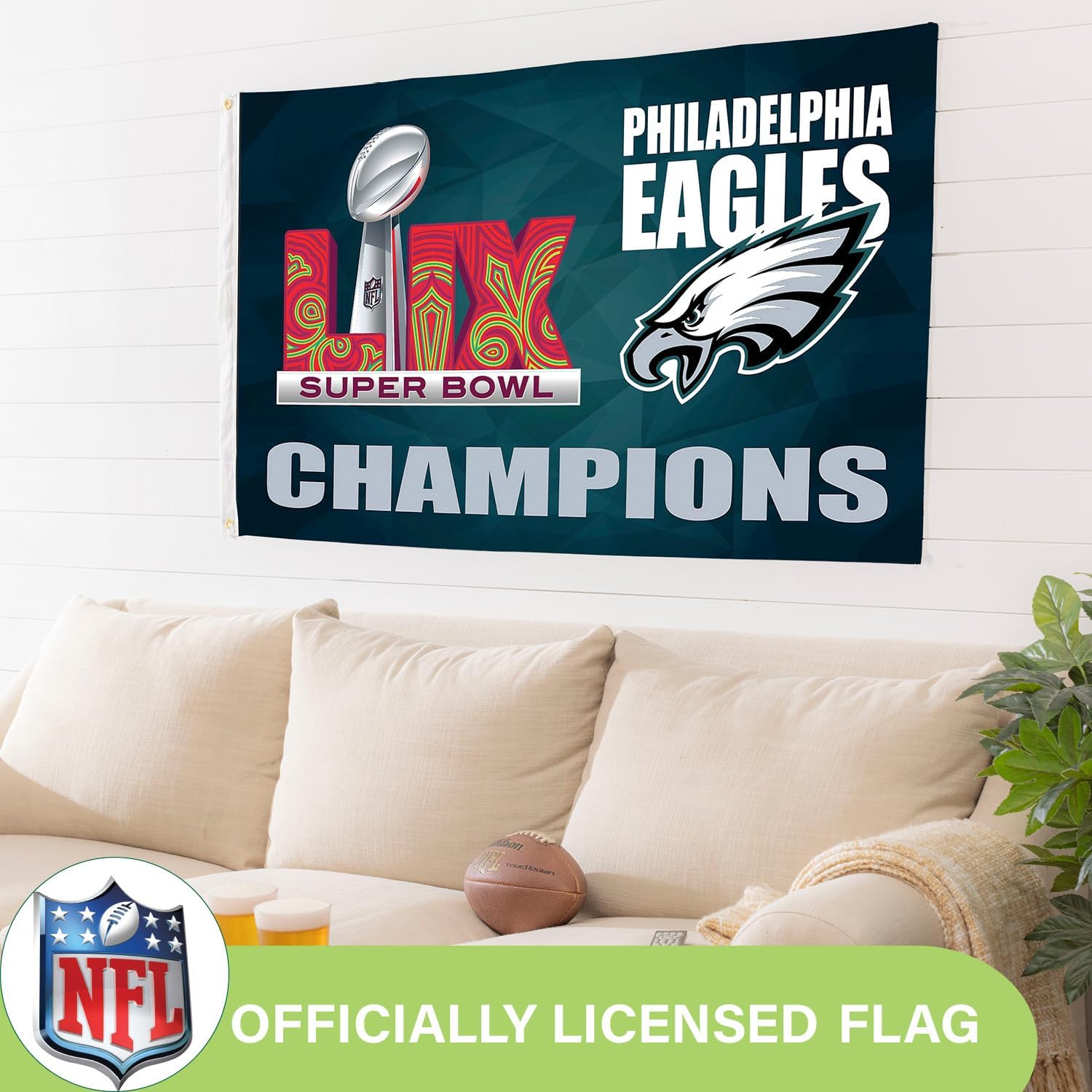 NFL Philadelphia Eagles 2025 Superbowl 59 Championship, 3 x 5 Outdoor Durable Flag with Grommets, Heavy Duty Flag & Banner for Outdoor Garden Patio Decoration, Indoor Wall Decor for Room, Works with Flag Poles for Outside House