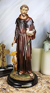 Ebros Gift Holy Catholic Saint Francis of Assisi with Dove and Deer Statue and Brass Name Plate 12.25