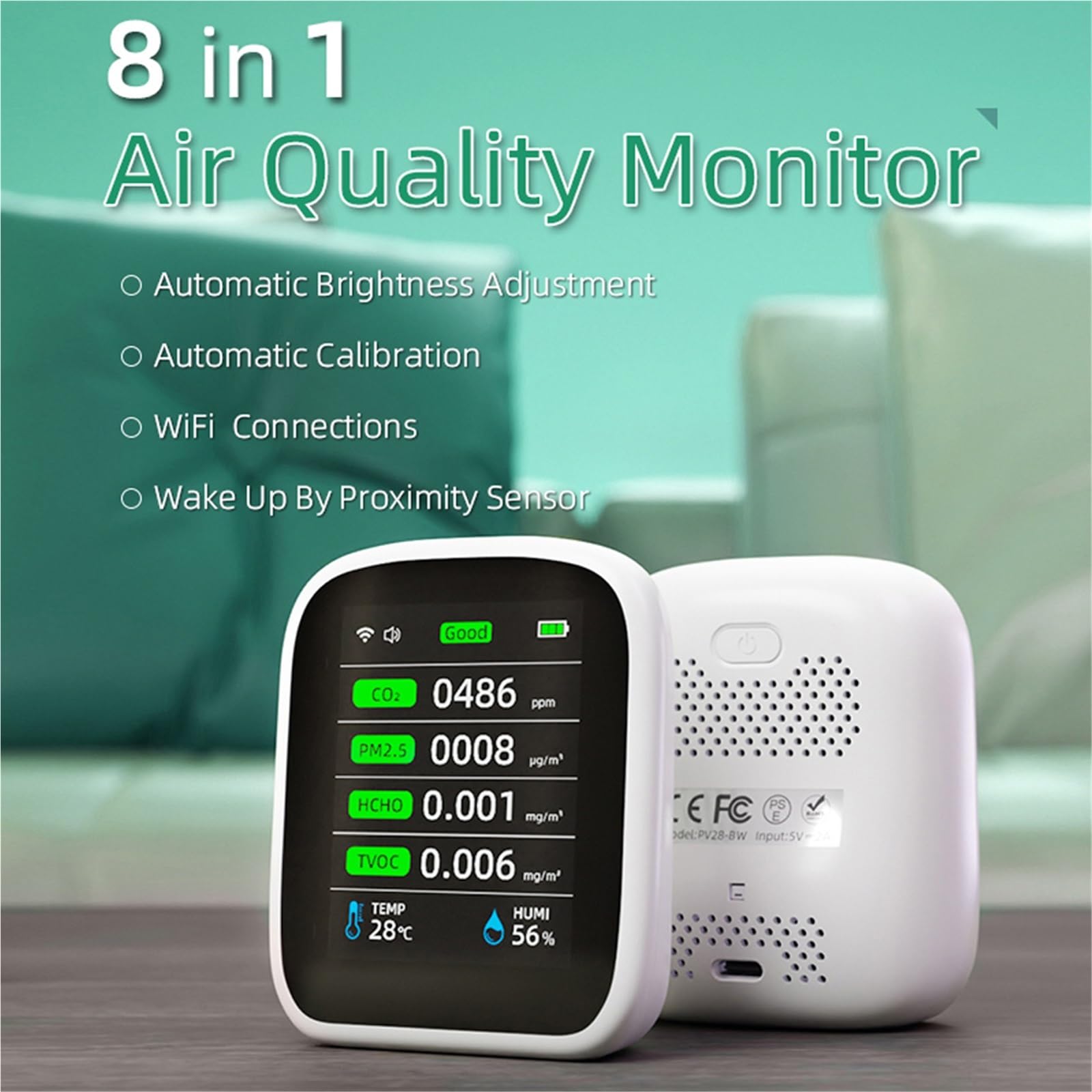 Detektor gazu ziemnego, WIFI 8-w-1 monitor ści powietrza CO2 HCHO TVOC PM1.0 PM2.5 PM10 tester miernik temperatury i wilgotności detektor dwutlenku węgla