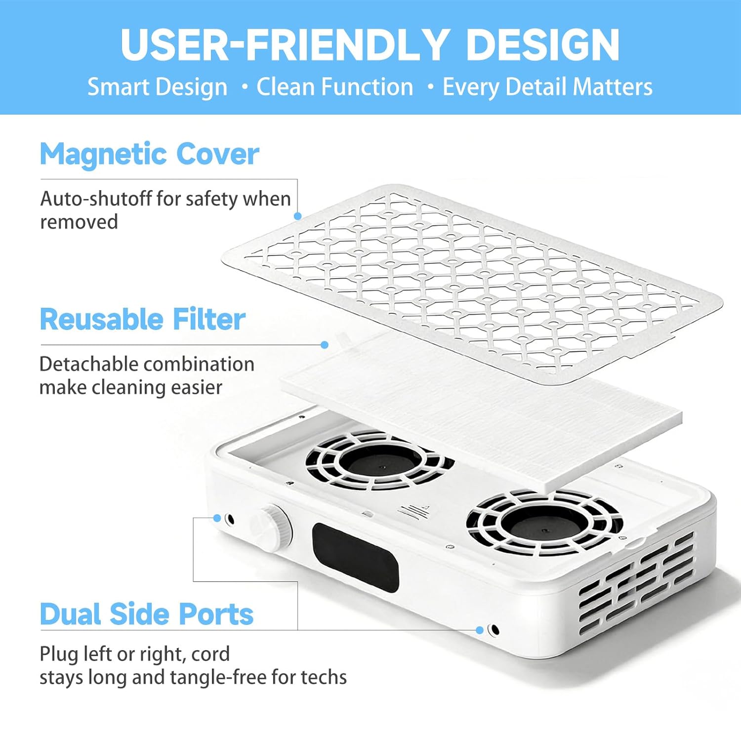 Nail Dust Collector - Professional Dual Turbo Dust Collector Nail Tech, 5-Speed Powerful Suction with LED Display & Reusable Filter for Acrylic Nails, Salon and Home Use