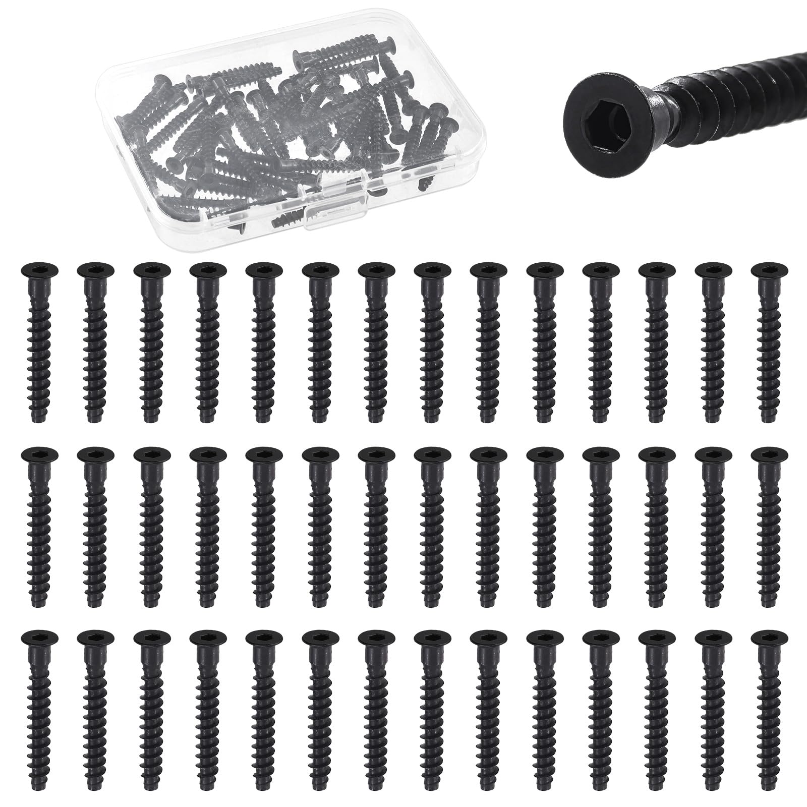 Glarks 50pcs M5 x 35mm Black Confirmat Screws Kit, Carbon Steel Hex Socket Drive Self-Tapping Screw, Hex Socket Furniture Screws for Cabinet, Chairs, Furniture Connecting