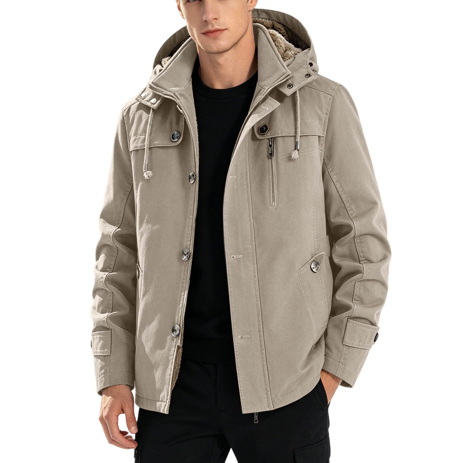 Giacca casual imbottita da uomo con cappuccio per l'inverno, taglio largo, vestibilità comoda, materiale robusto per avventure