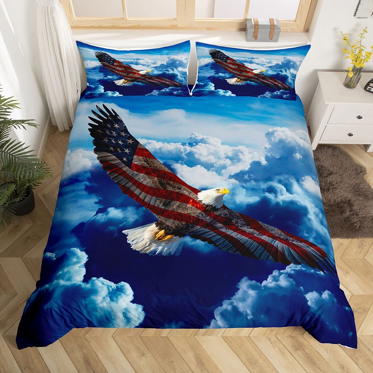 Dessus De Couette Artisanale Roue D'expédition Bleu Et Blanc - Appliqué Main Aigle - Taille Queen