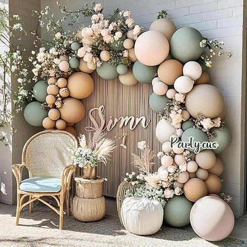 Miniatura 8 de Guirnalda de globos de color verde polvoriento, doble relleno, color marrón rubor, crema, arena, blanco, neutro, mate, kit de arco de globos para