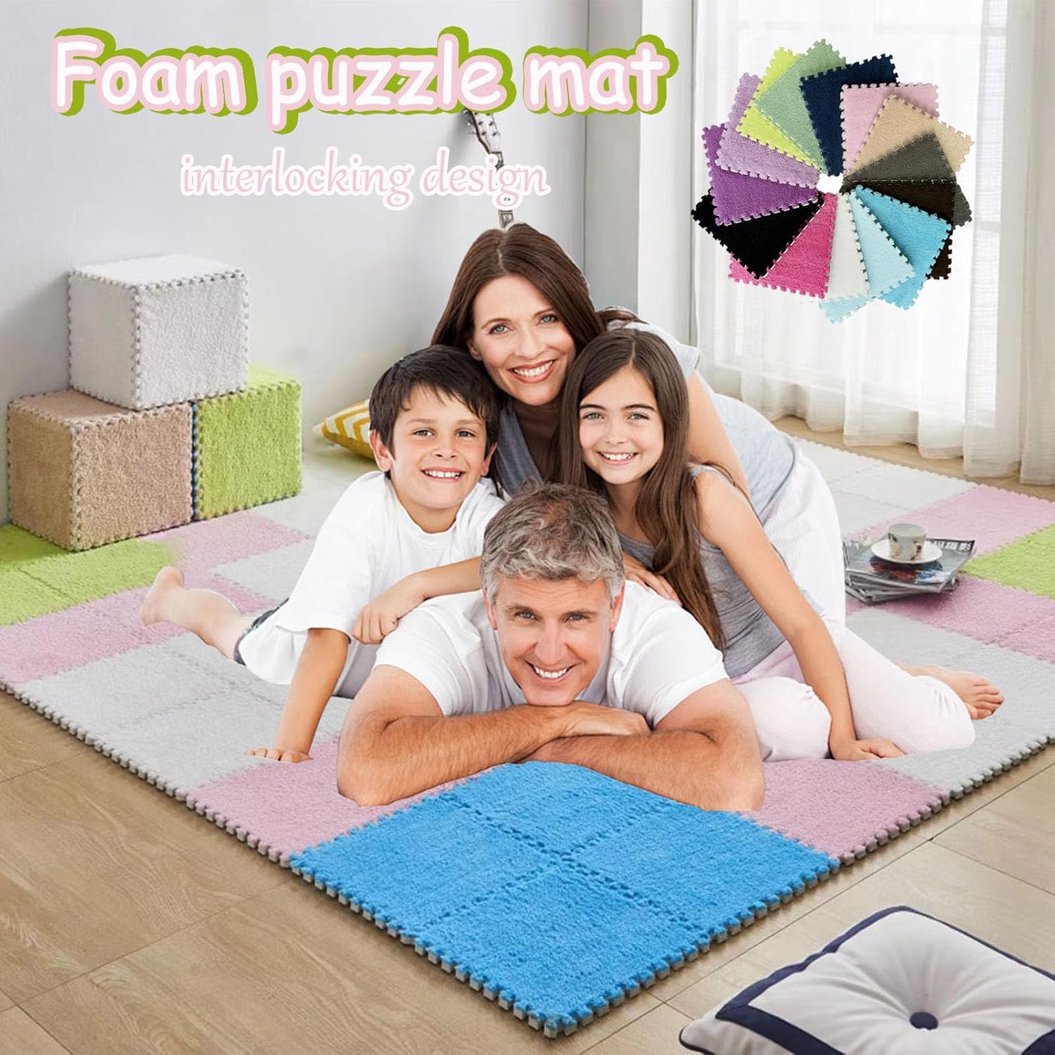 Plüsch-Krabbelmatte, Plüsch-Bodenmatte aus ineinandergreifendem Schaumstoff, 24 Stück, mehrfarbige Patchwork-Teppiche, Kletterteppich-Matten(White+Green)