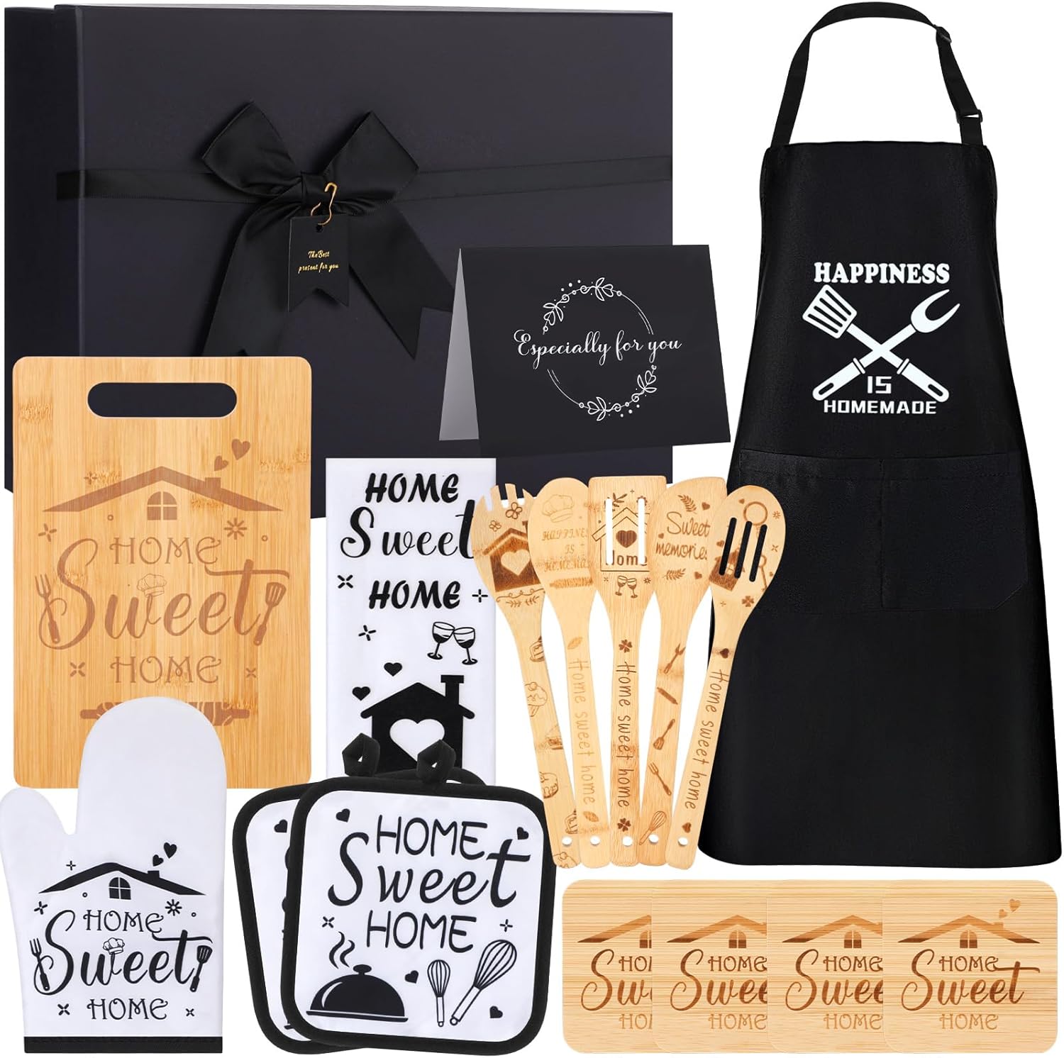 Patelai 17 Pcs House Warming Gifts New Home, Housewarming Gift Basket for New Homeowner Sweet Couples Home Supplies Include Apron Bamboo Spoons Cutting Board Gloves Cards with Black Present Box