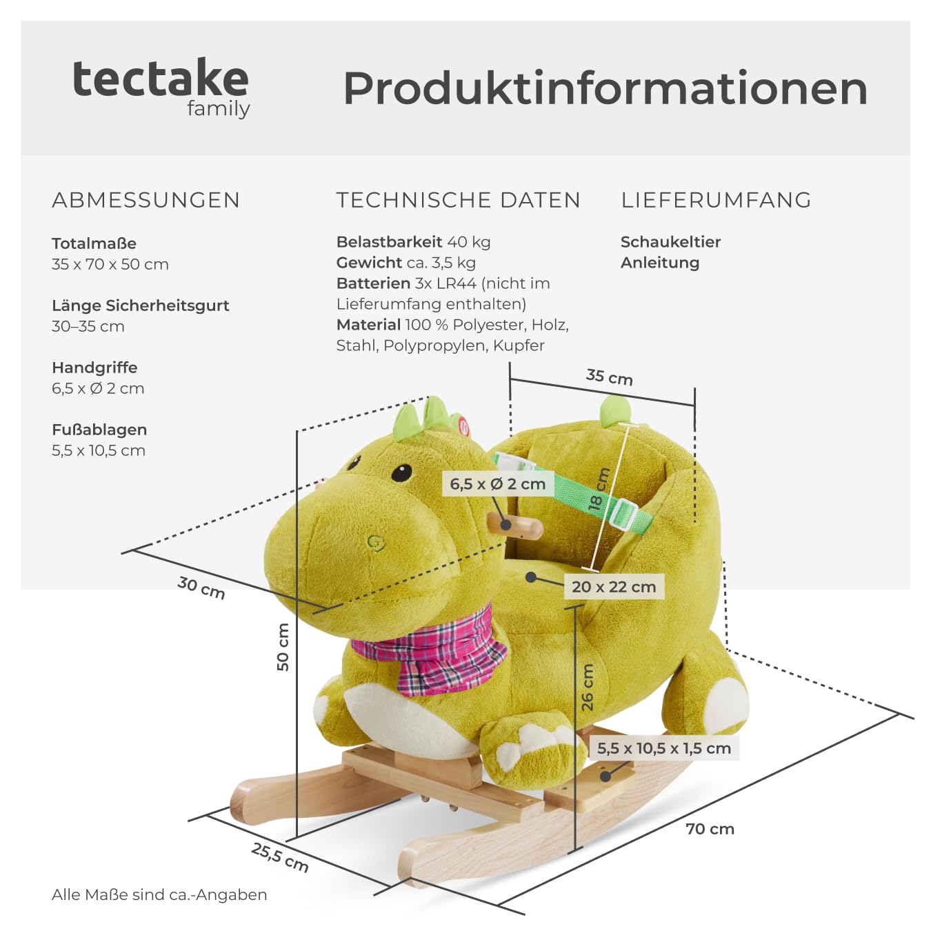 tectake® Schaukeltier mit Sicherheitsgurt und Soundeffekt, Schaukelpferd Baby ab 12 Monate, Baby Schaukel Indoor mit weichem Plüschbezug und Rückenlehne, breite Griffe - Dinosaurier